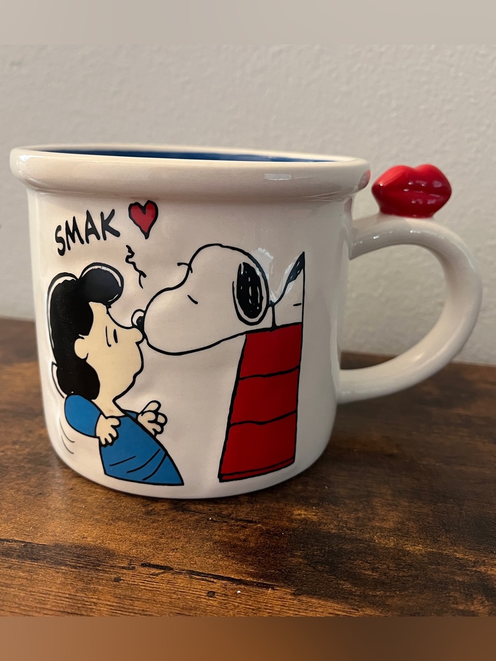 Peanuts Ceramic SMAK Mug with Snoopy & Lucy โ White with Red & Blue Accents